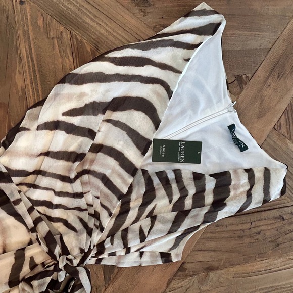 Lauren Ralph Lauren Zebra Print Faux Wrap Dress Cream Brown 12P Sleeveless NWT - Picture 3 of 14